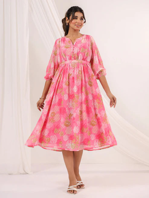 Saheli Women's Pink Georgette Floral Printed A-line Dress