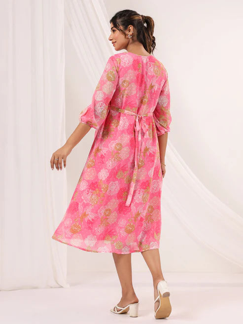 Saheli Women's Pink Georgette Floral Printed A-line Dress