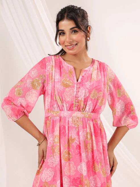 Saheli Women's Pink Georgette Floral Printed A-line Dress