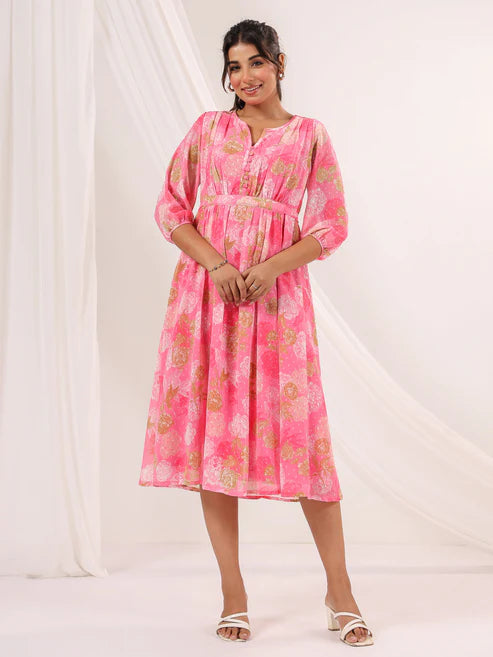 Saheli Women's Pink Georgette Floral Printed A-line Dress