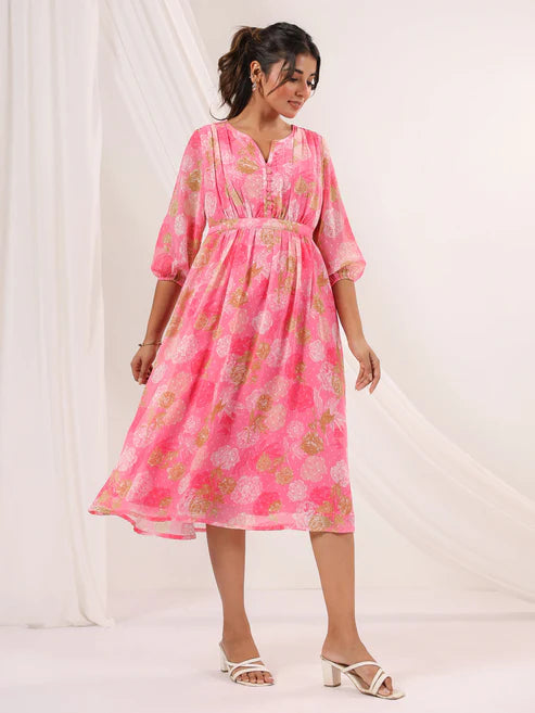 Saheli Women's Pink Georgette Floral Printed A-line Dress