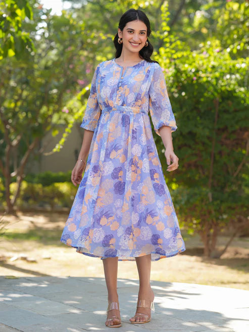 Saheli Lavender Georgette Floral Printed A-line Dress