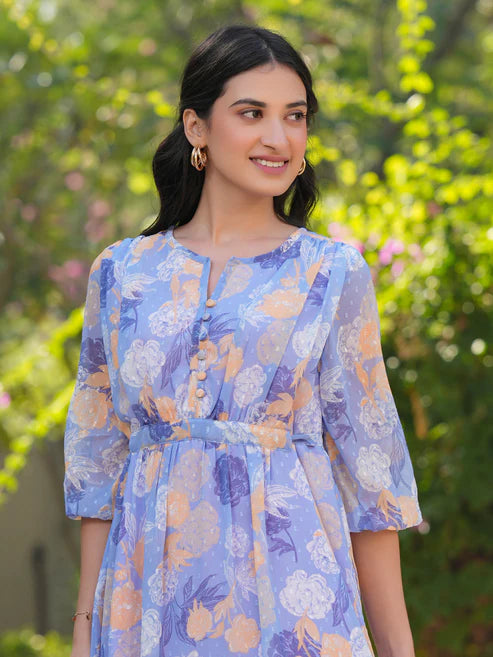 Saheli Lavender Georgette Floral Printed A-line Dress