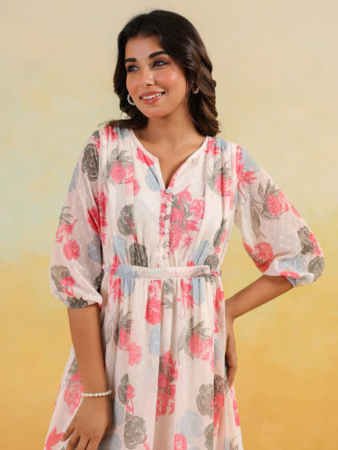 Saheli Women's Cream Georgette Floral Printed Flared Dress