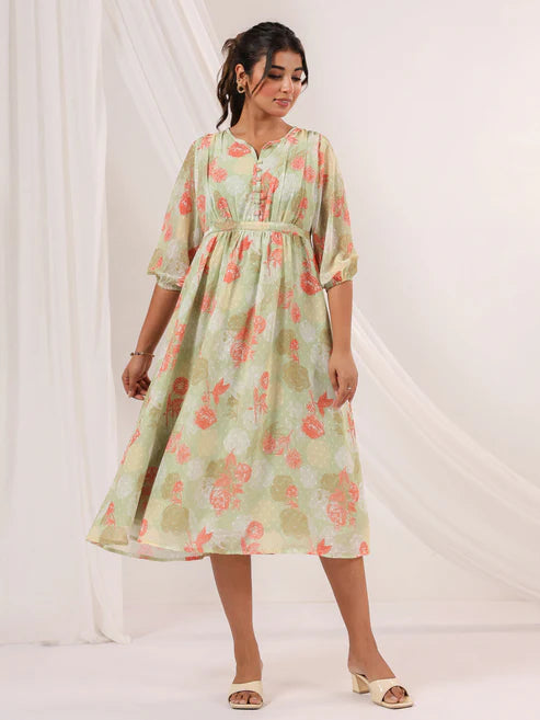 Saheli Women's Light Green Georgette Floral Printed A-line Dress