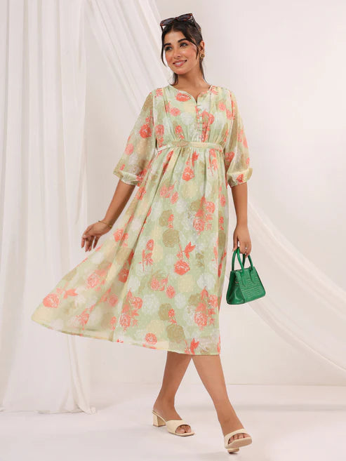 Saheli Women's Light Green Georgette Floral Printed A-line Dress