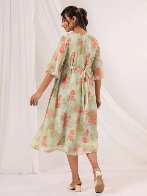 Saheli Women's Light Green Georgette Floral Printed A-line Dress