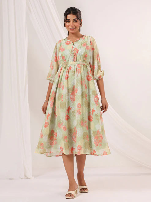 Saheli Women's Light Green Georgette Floral Printed A-line Dress