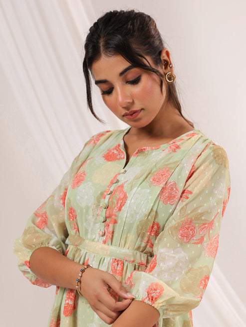 Saheli Women's Light Green Georgette Floral Printed A-line Dress