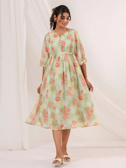 Saheli Women's Light Green Georgette Floral Printed A-line Dress