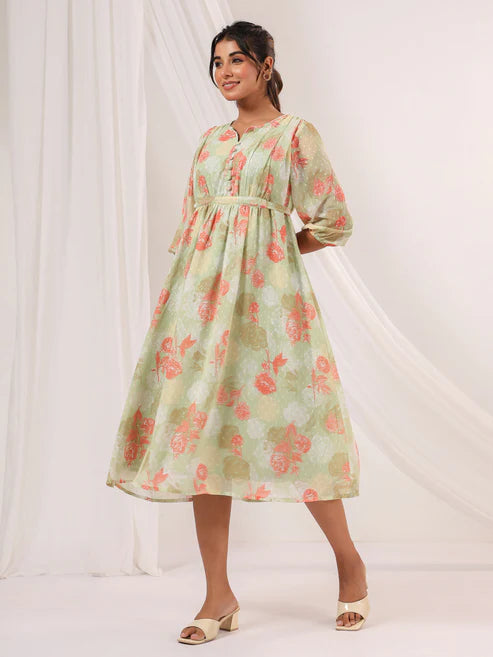 Saheli Women's Light Green Georgette Floral Printed A-line Dress