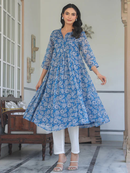 Saheli Blue Chiffon Lurex Floral Printed A-line Kurta