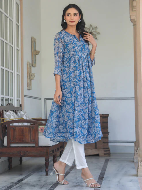 Saheli Blue Chiffon Lurex Floral Printed A-line Kurta