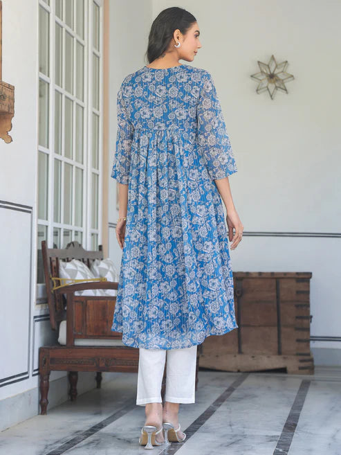 Saheli Blue Chiffon Lurex Floral Printed A-line Kurta