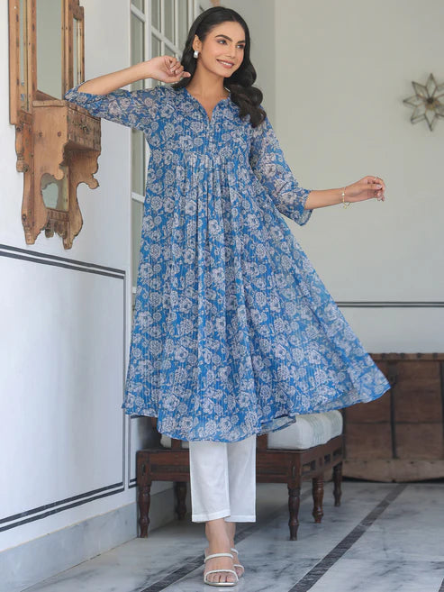 Saheli Blue Chiffon Lurex Floral Printed A-line Kurta