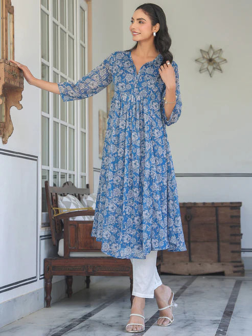 Saheli Blue Chiffon Lurex Floral Printed A-line Kurta