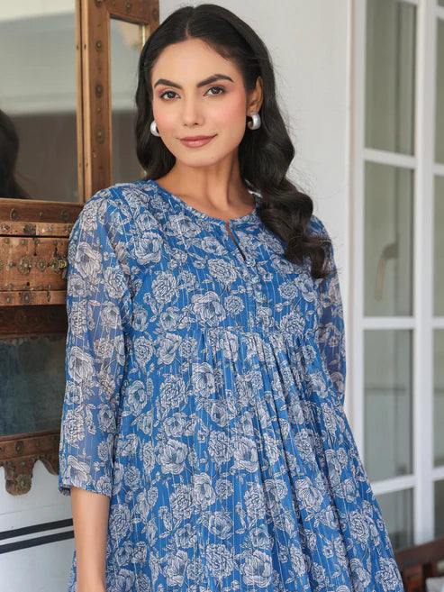 Saheli Blue Chiffon Lurex Floral Printed A-line Kurta