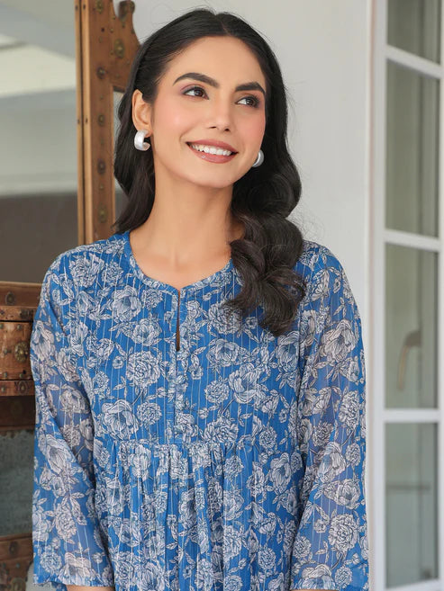 Saheli Blue Chiffon Lurex Floral Printed A-line Kurta
