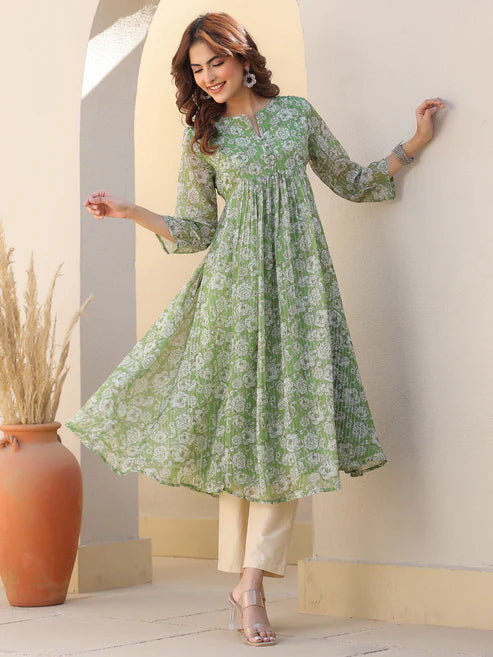 Saheli Green Chiffon Lurex Floral Printed A-line Kurta