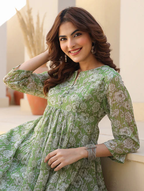 Saheli Green Chiffon Lurex Floral Printed A-line Kurta