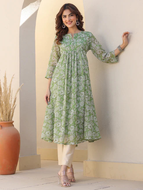 Saheli Green Chiffon Lurex Floral Printed A-line Kurta