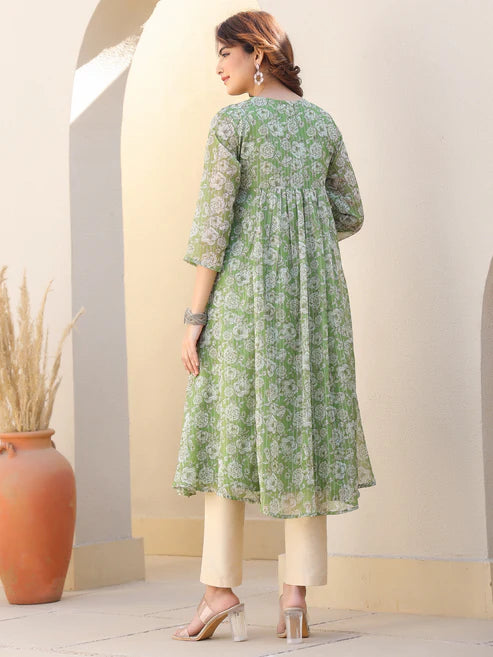 Saheli Green Chiffon Lurex Floral Printed A-line Kurta