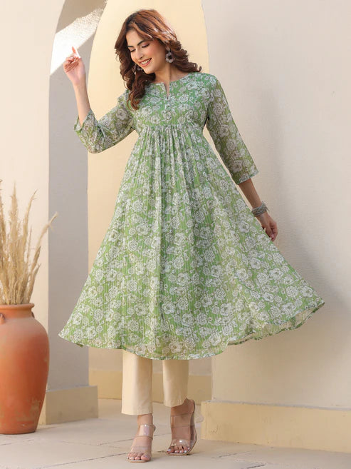 Saheli Green Chiffon Lurex Floral Printed A-line Kurta