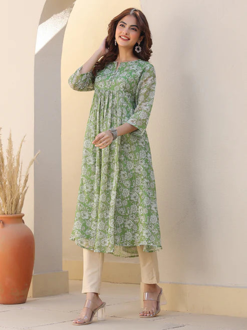 Saheli Green Chiffon Lurex Floral Printed A-line Kurta