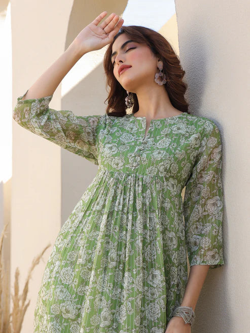 Saheli Green Chiffon Lurex Floral Printed A-line Kurta