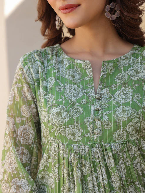 Saheli Green Chiffon Lurex Floral Printed A-line Kurta