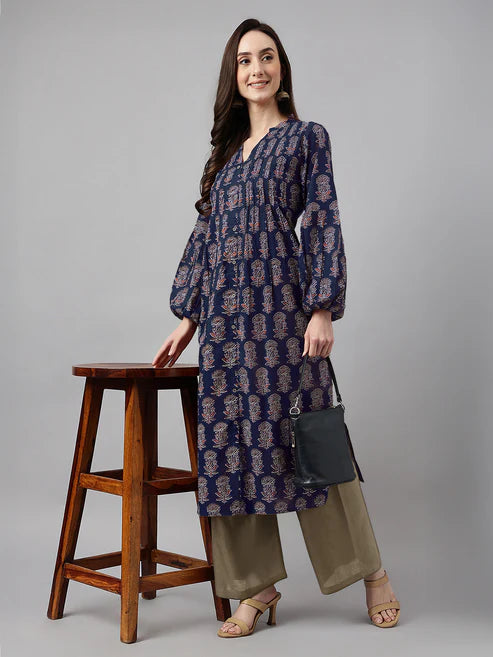 Saheli Navy Blue Pure Cotton Floral Printed A-line Kurta