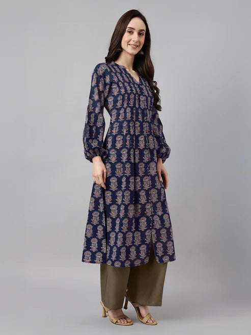 Saheli Navy Blue Pure Cotton Floral Printed A-line Kurta