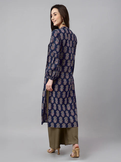 Saheli Navy Blue Pure Cotton Floral Printed A-line Kurta