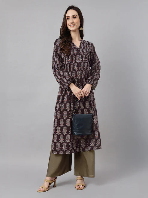 Saheli Women's Dark Brown Pure Cotton Floral Printed A-line Kurta