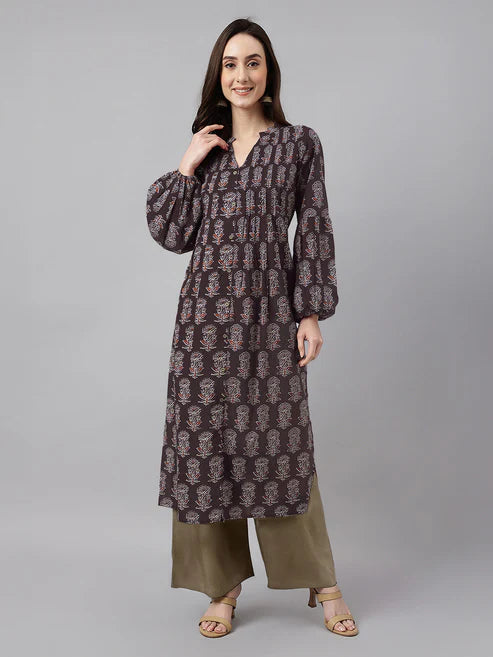 Saheli Women's Dark Brown Pure Cotton Floral Printed A-line Kurta