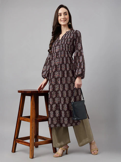 Saheli Women's Dark Brown Pure Cotton Floral Printed A-line Kurta