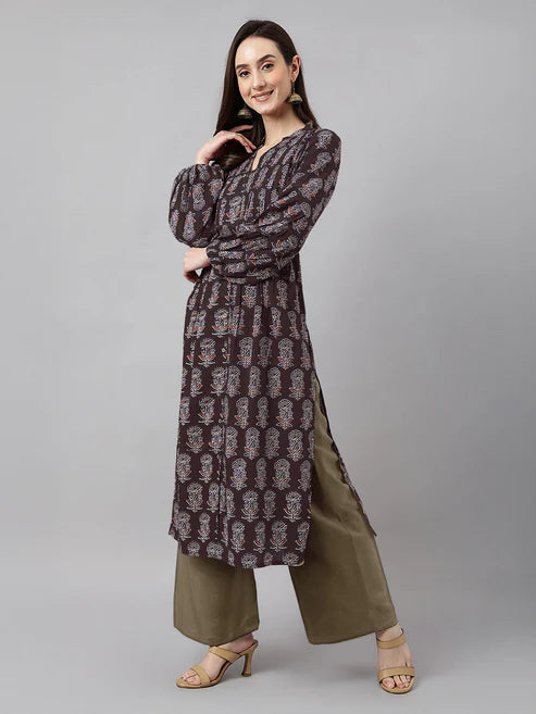 Saheli Women's Dark Brown Pure Cotton Floral Printed A-line Kurta