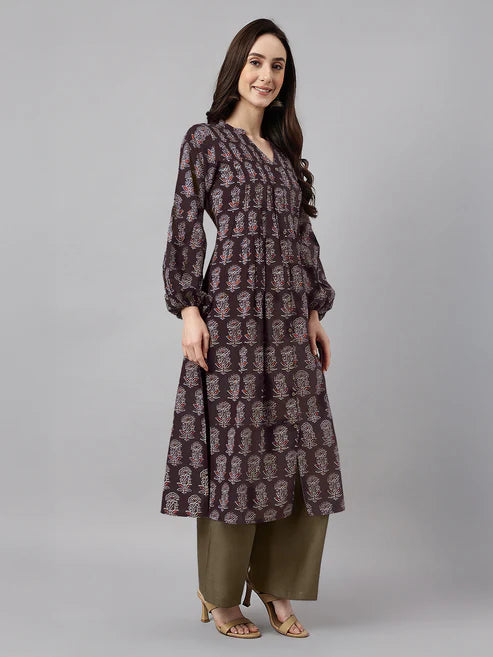 Saheli Women's Dark Brown Pure Cotton Floral Printed A-line Kurta