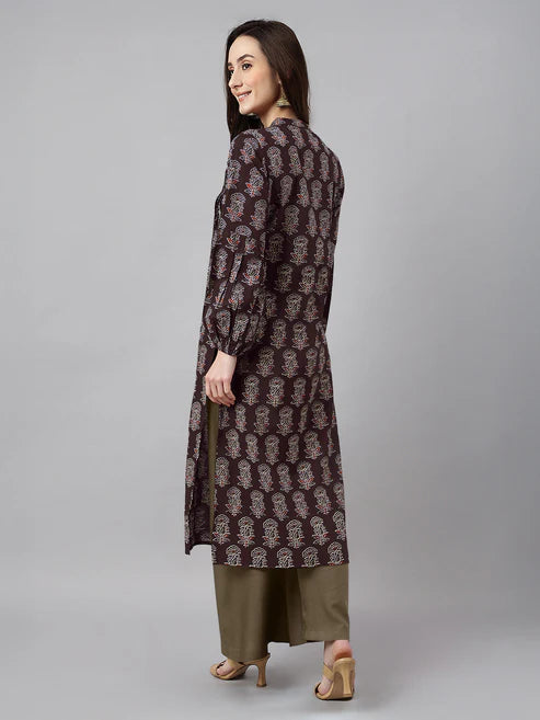 Saheli Women's Dark Brown Pure Cotton Floral Printed A-line Kurta