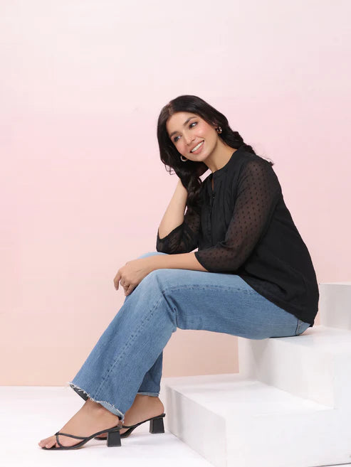 Saheli Black Dobby Chiffon Self Design Top