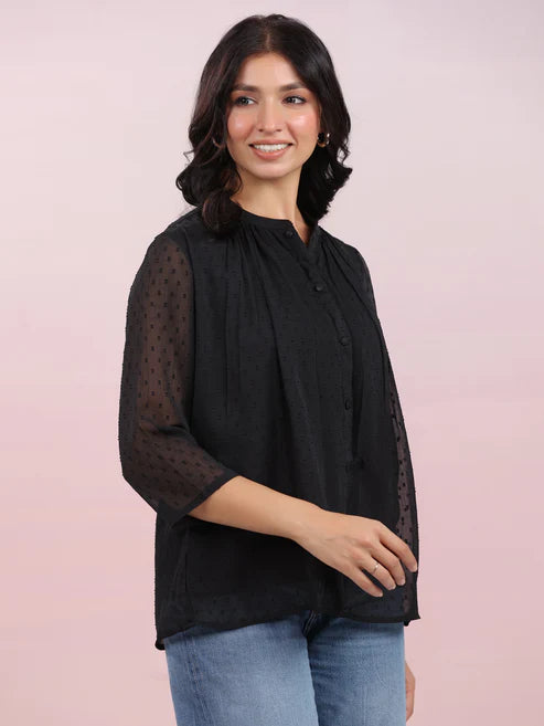 Saheli Black Dobby Chiffon Self Design Top