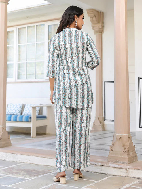 Saheli White Pure Cotton Floral Printed A-line Co-ord Set