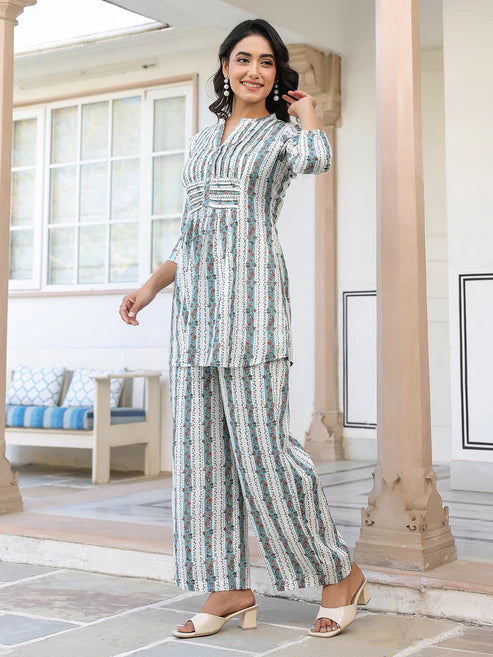 Saheli White Pure Cotton Floral Printed A-line Co-ord Set