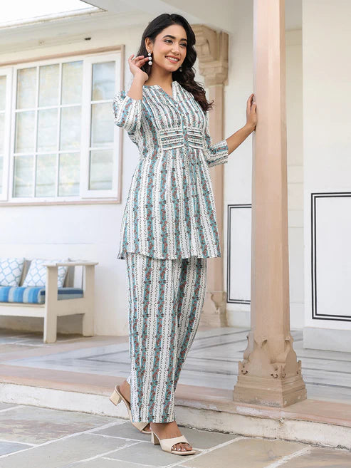 Saheli White Pure Cotton Floral Printed A-line Co-ord Set