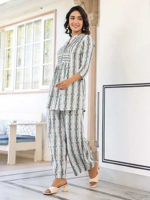 Saheli White Pure Cotton Floral Printed A-line Co-ord Set