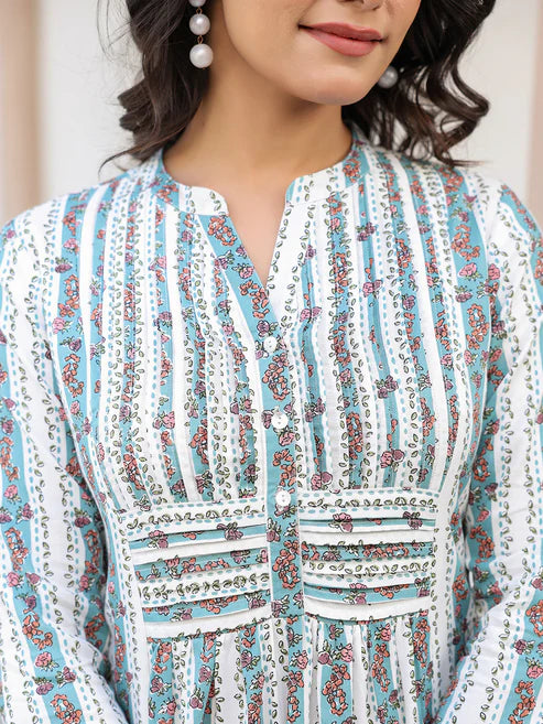 Saheli White Pure Cotton Floral Printed A-line Co-ord Set