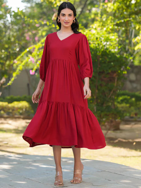 Saheli Red Rayon Solid Tiered Dress
