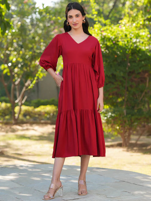 Saheli Red Rayon Solid Tiered Dress