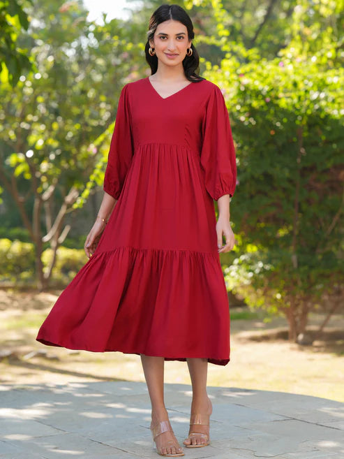 Saheli Red Rayon Solid Tiered Dress