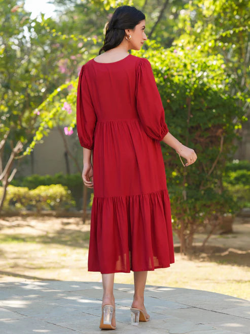 Saheli Red Rayon Solid Tiered Dress